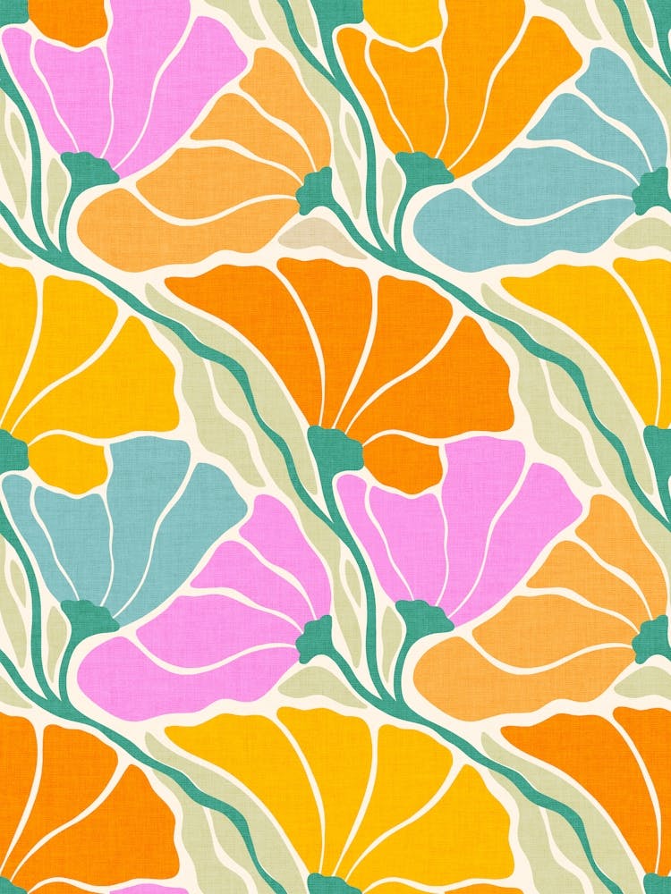 Nouveau Organic Fan Floral in Vibrant Sunny, Orange, Pink, Blue with texture