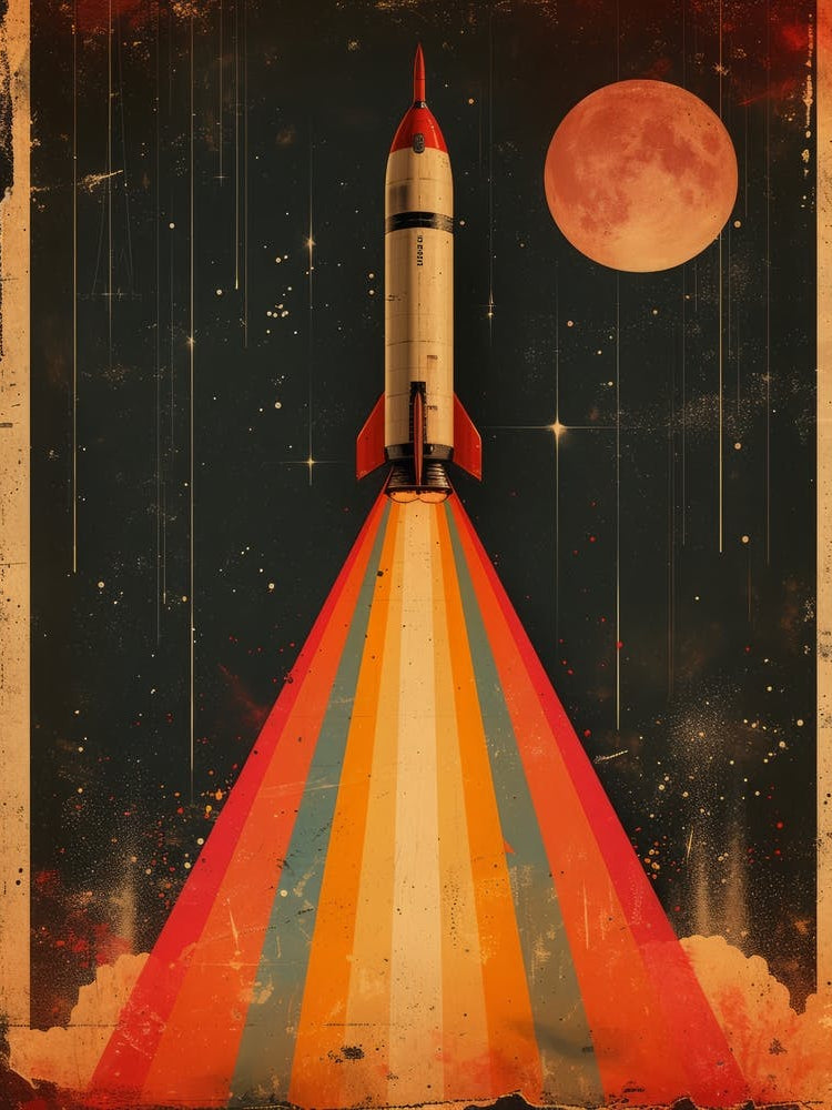 Space Odyssey: Retro Poster featuring Asteroids, Rockets, and Astronauts: Retro Space Rocket