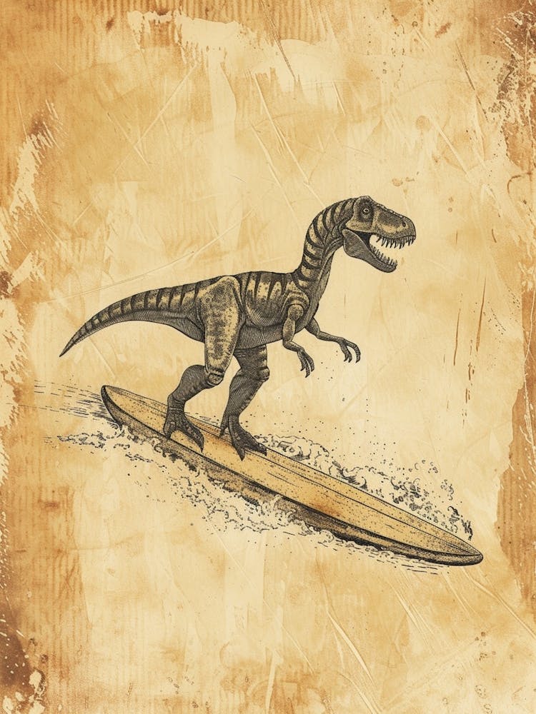 Vintage Compsognathus Dinosaur On A Surf Board 1