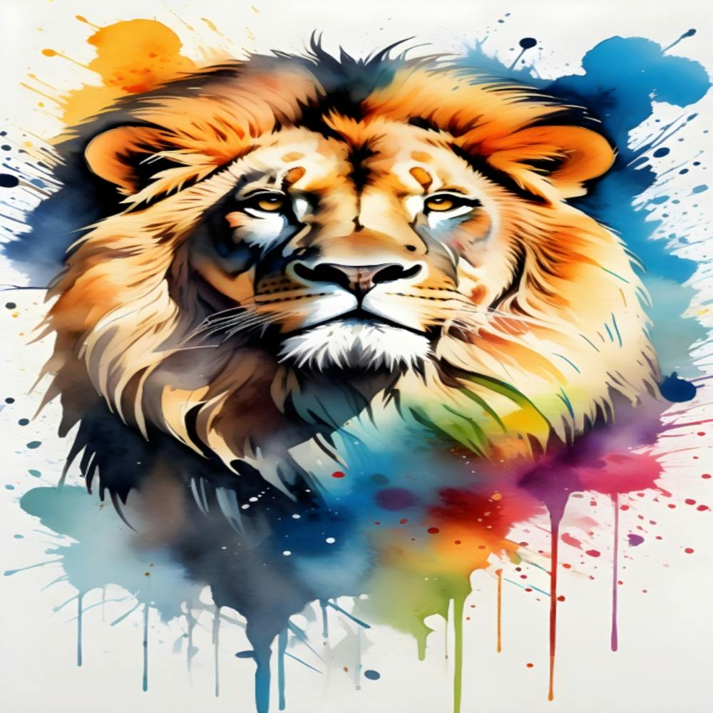 Lion Painted In Watercolor Splatters