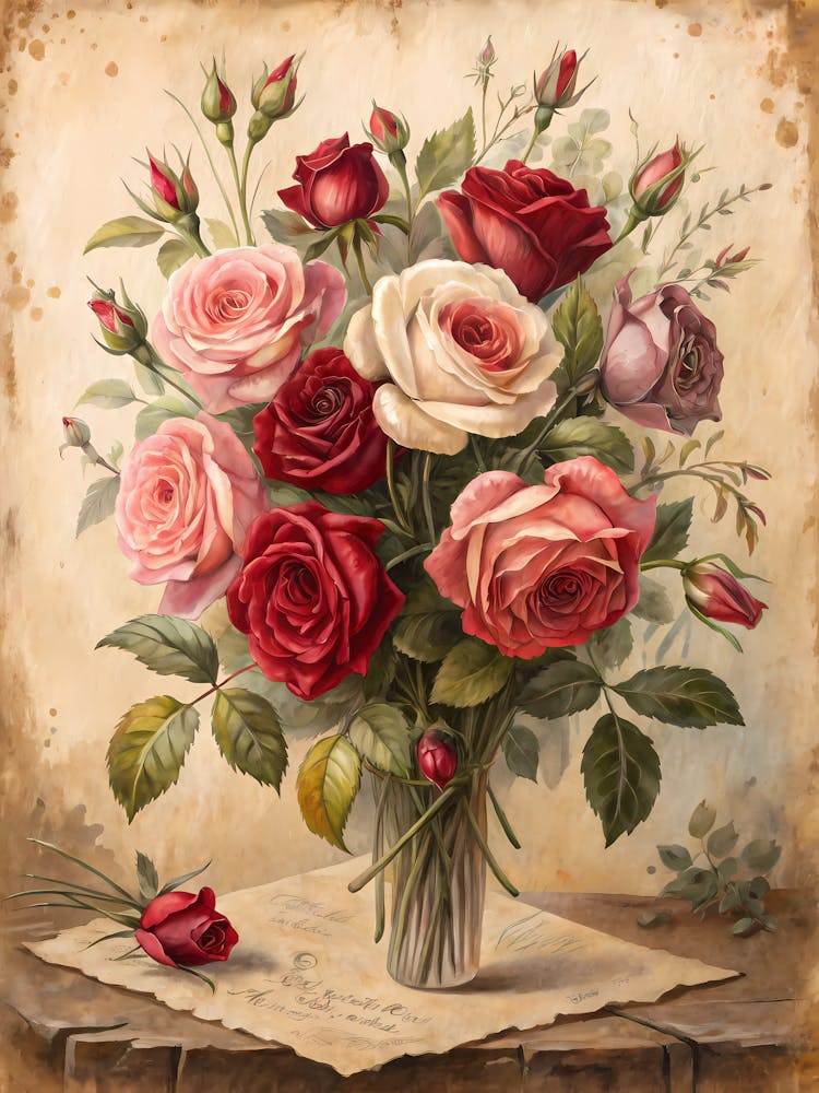 Oil Painting Style Vintage Rose Bouquet
