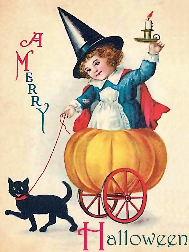 Witch Girl With Black Cat In Chariots Made Of Pumpkin