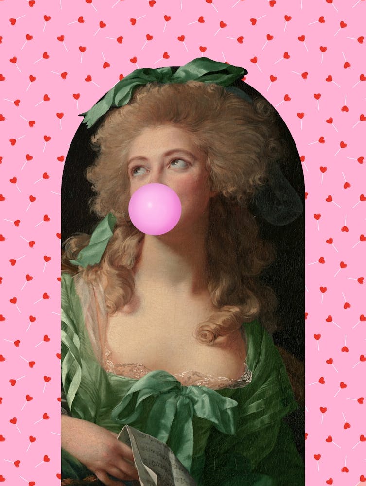 Lady Blowing A Bubble 5 Pink Lollipops