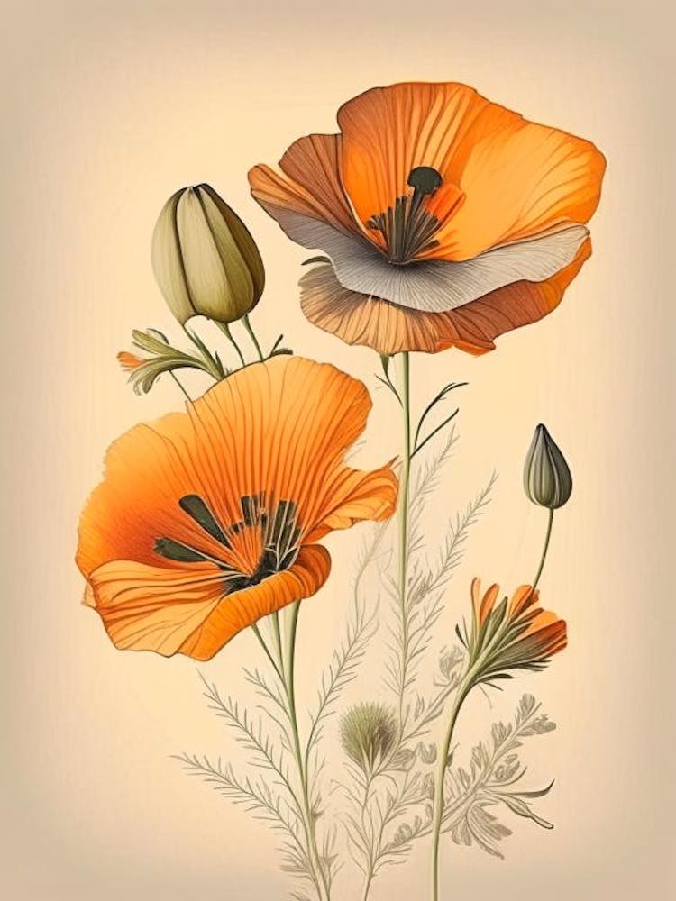 California Poppy Spices And Herbs Retro Drawing 2