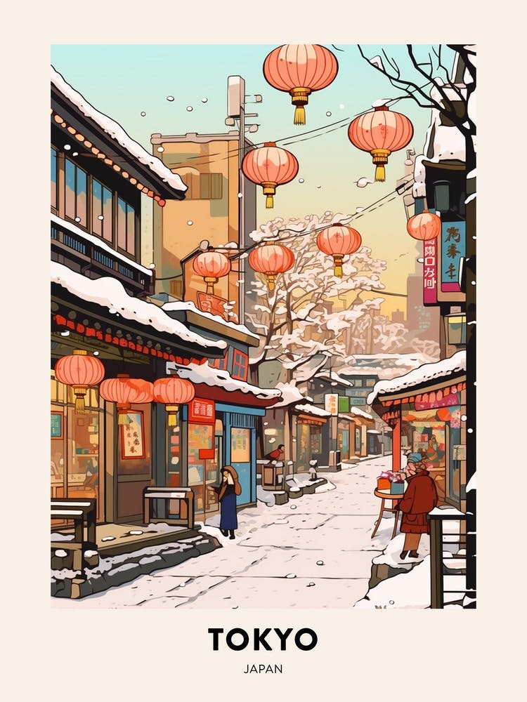 Vintage Winter Travel Poster Tokyo Japan 1