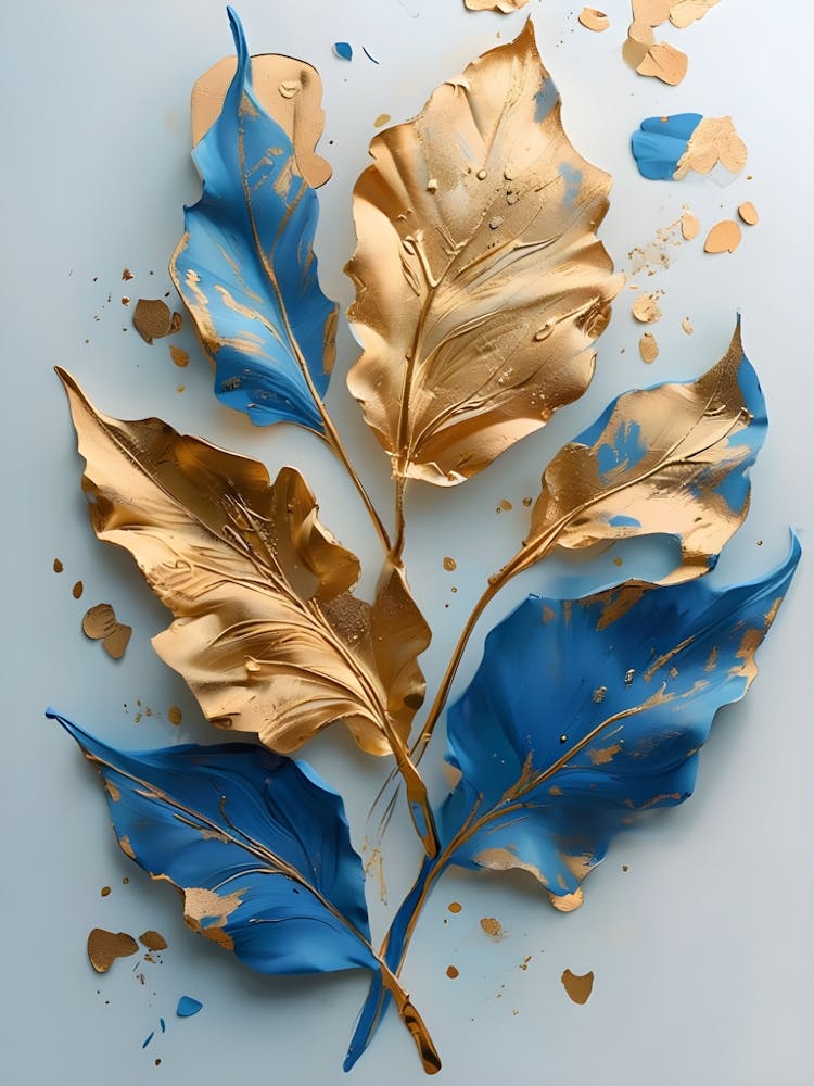 Create A Leaf Inspired Art Piece With A Mix Of Gold And Blue Leaves Each Leaf Detailed With Subtle 1 1