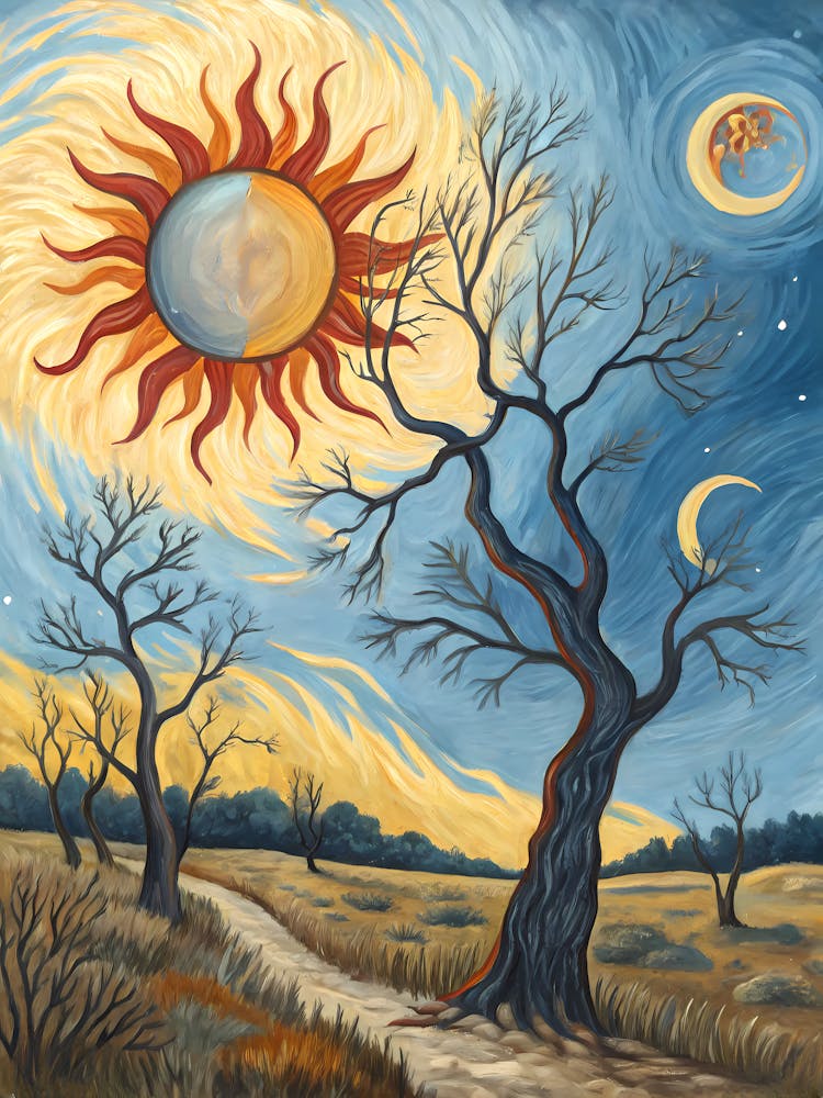 Van Gogh Celestial Trees Sun, Moon & Swirling Skies