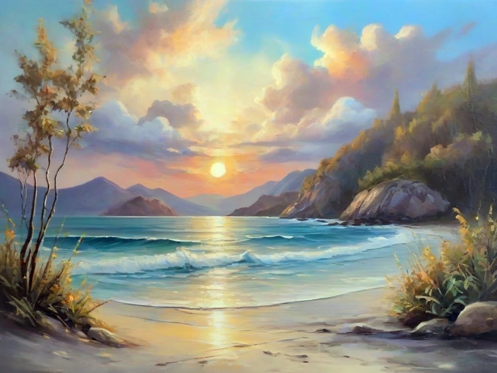 Sunrise on the beach oil painting artwork