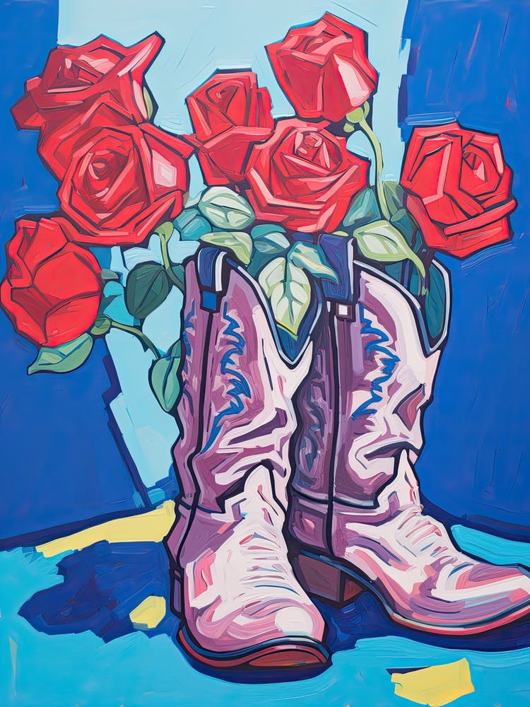 A Painting Of Cowboy Boots With Roses Flowers, Fauvist Style, Still Life 6