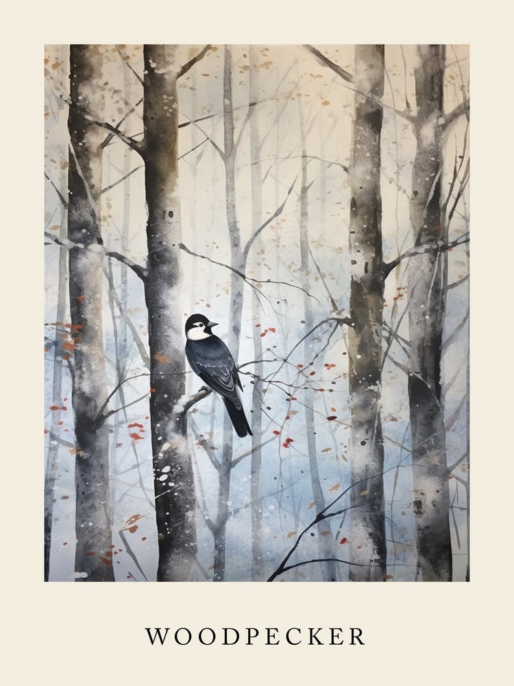 Winter Watercolour Woodpecker 3 Poster