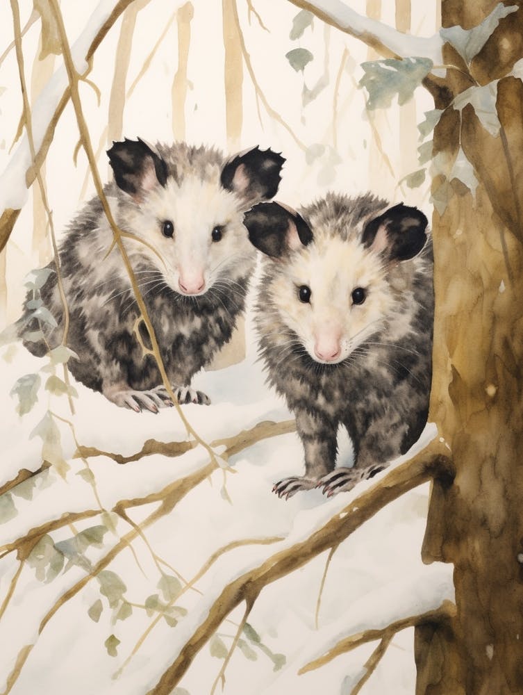 Winter Watercolour Opossum 2