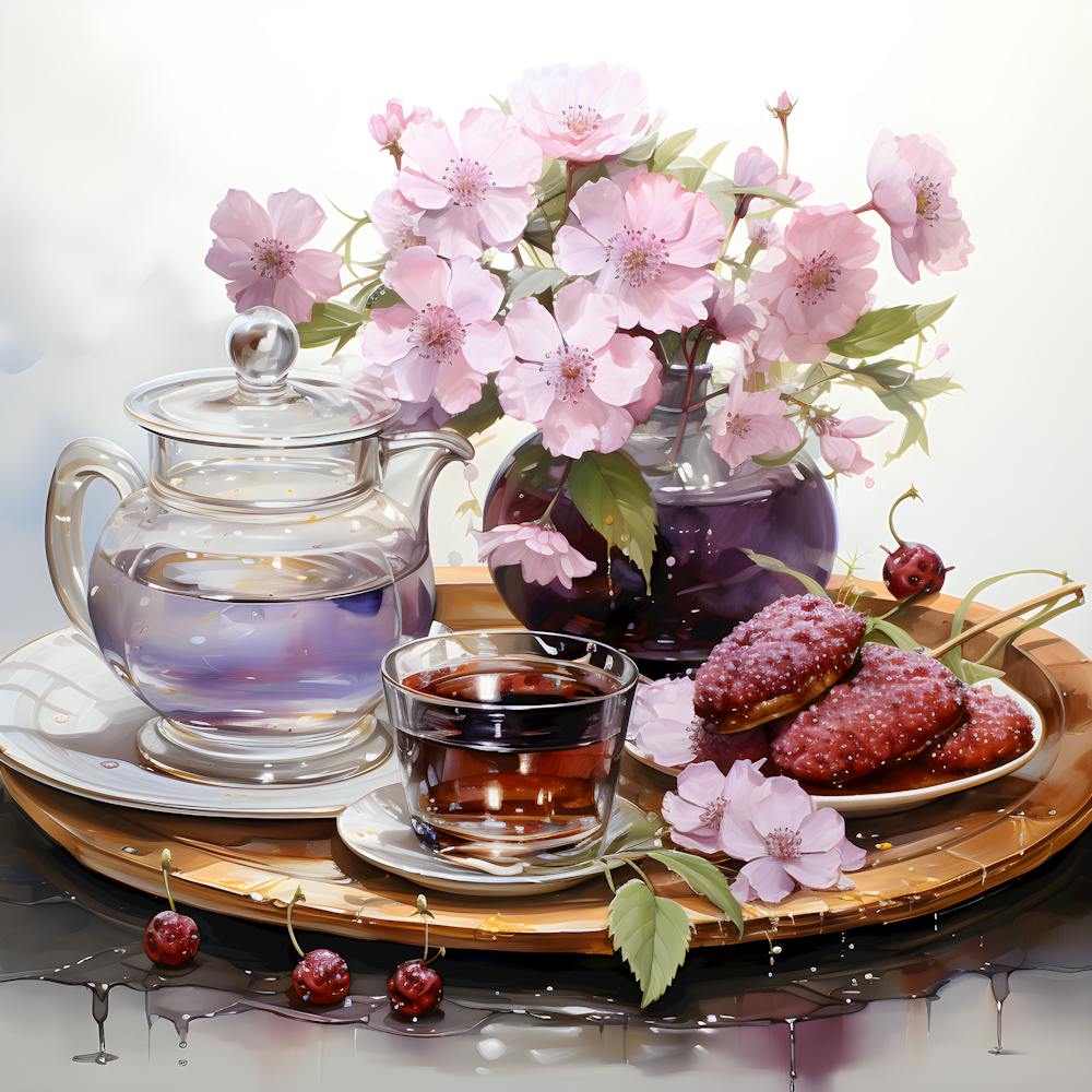 Cherry Blossom Tea with Glazed Pastries – Fine Art Still Life Print