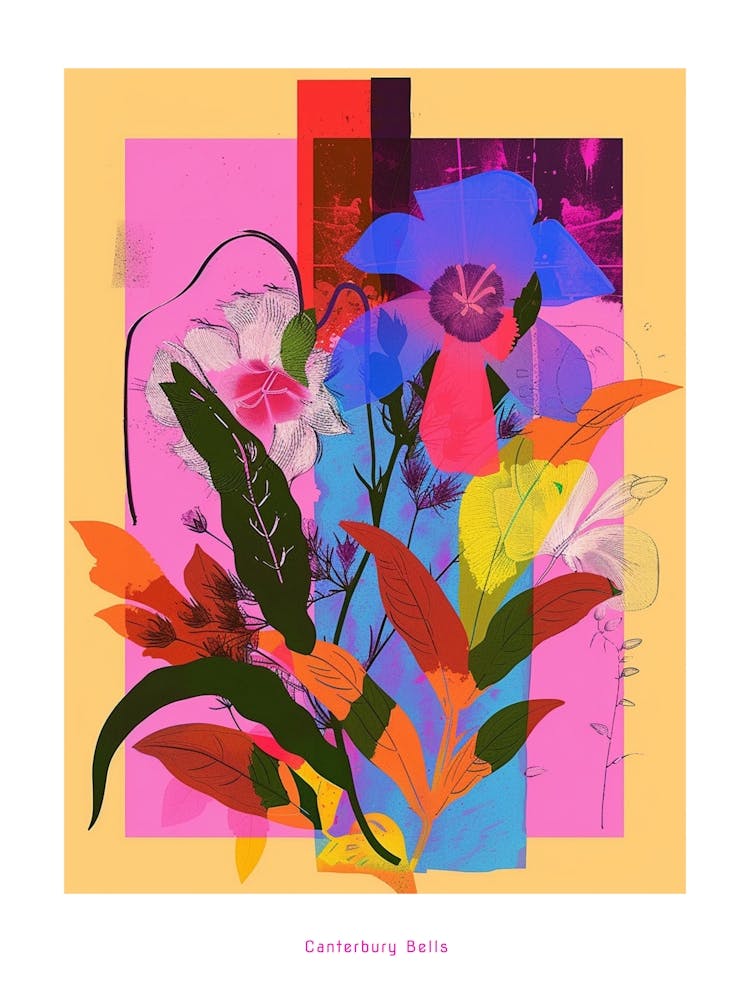 Canterbury Bells 1 Neon Flower Collage Poster