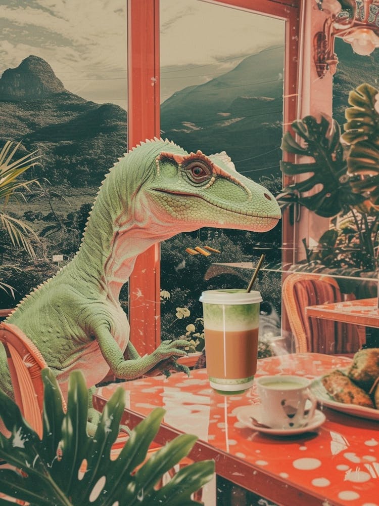 Dinosaur Drinking A Matcha Latte Retro Abstract Collage 1
