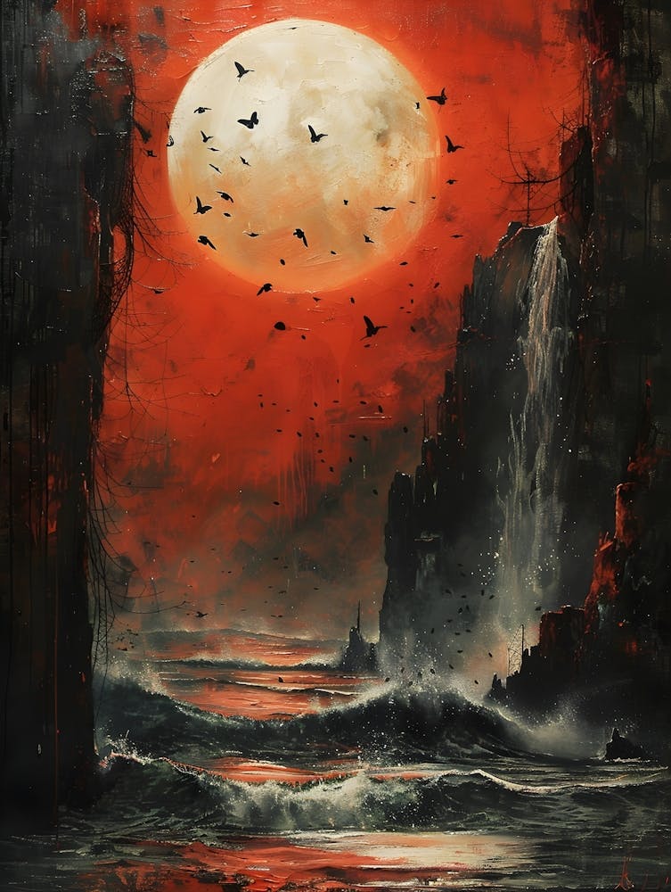 Red Moon Canvas Print, Bichromatic, Surrealism, Impressionism