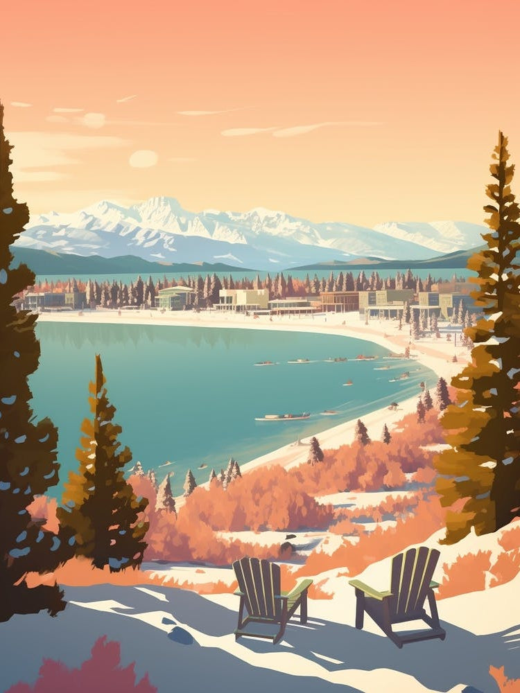 Vintage Winter Travel Illustration Lake Tahoe Usa 1