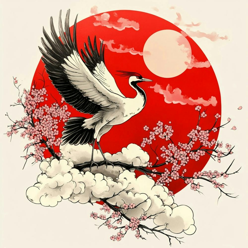A Drawing In The Japanese Style Is Drawn, With A Crane, Sakura, And Clouds