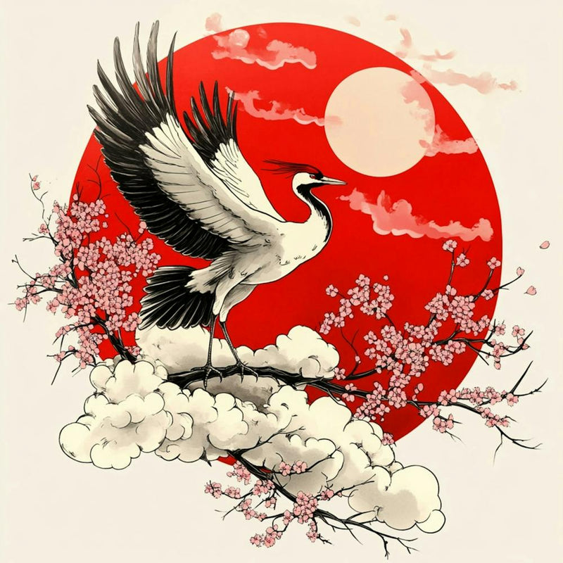 A Drawing In The Japanese Style Is Drawn, With A Crane, Sakura, And Clouds