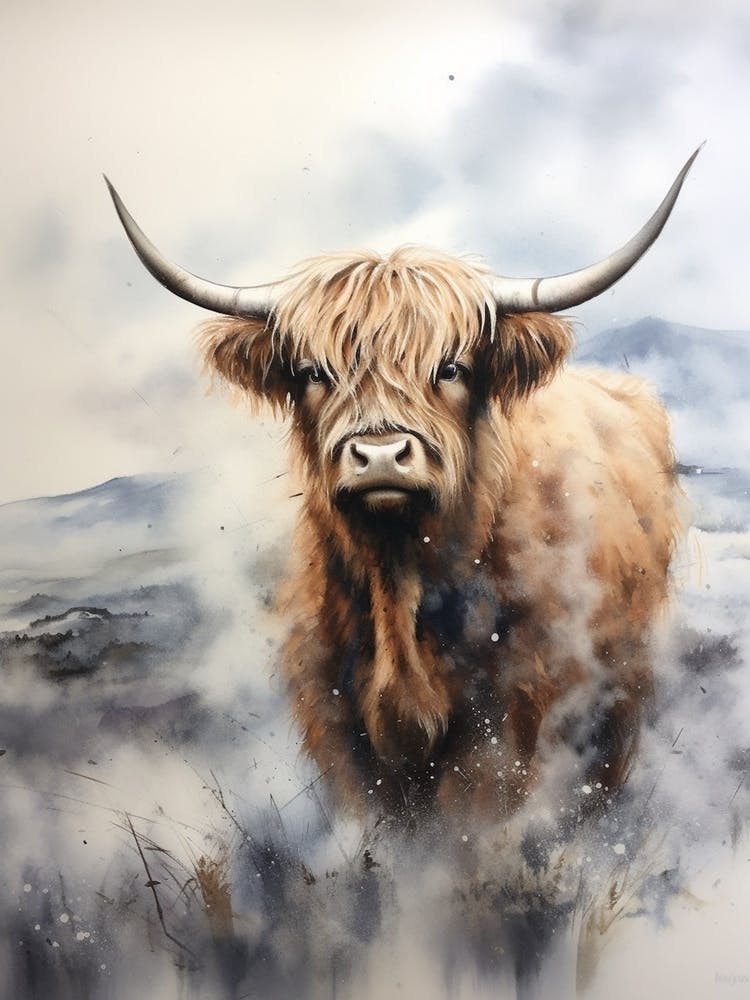 Highland Cow In Grey Storm Watercolour