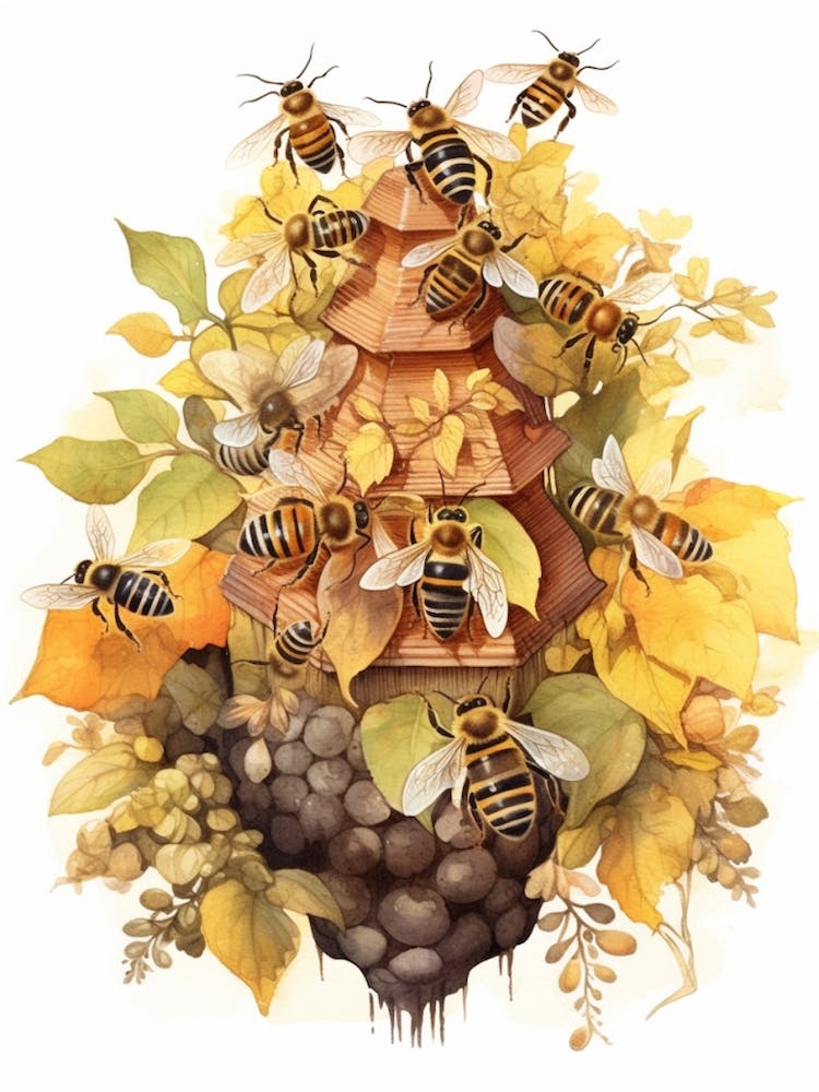 Hive Bee Beehive Watercolour Illustration 3