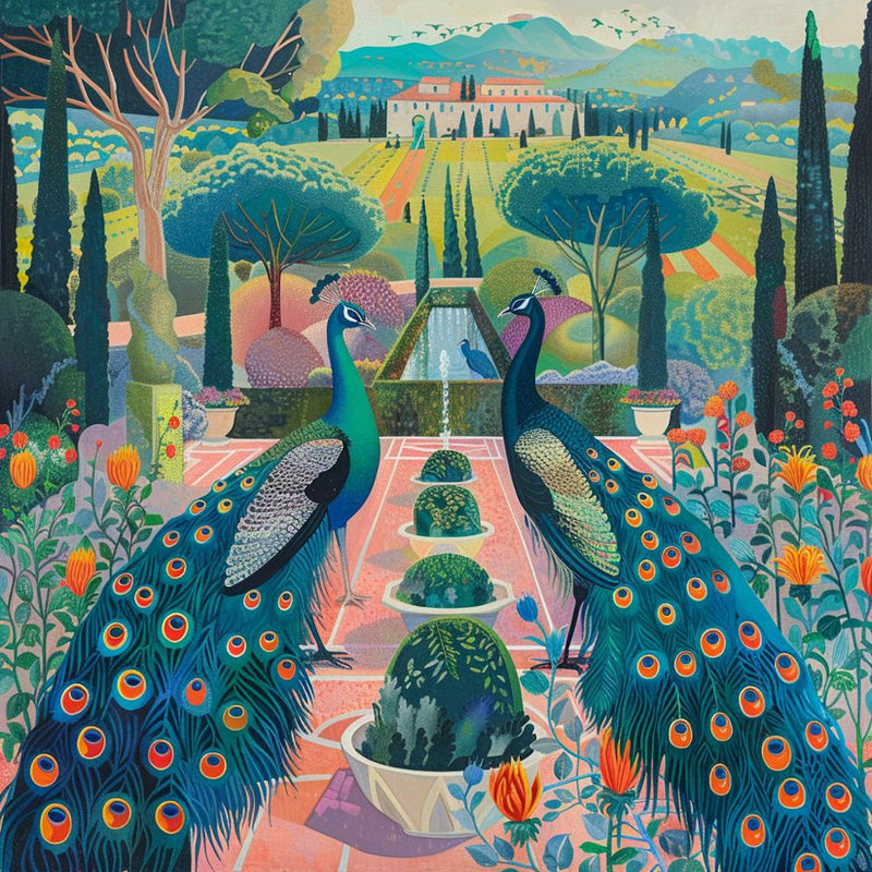 Pfauen in einer Renaissancegarten-Serie. Im Stil von David Hockney 3