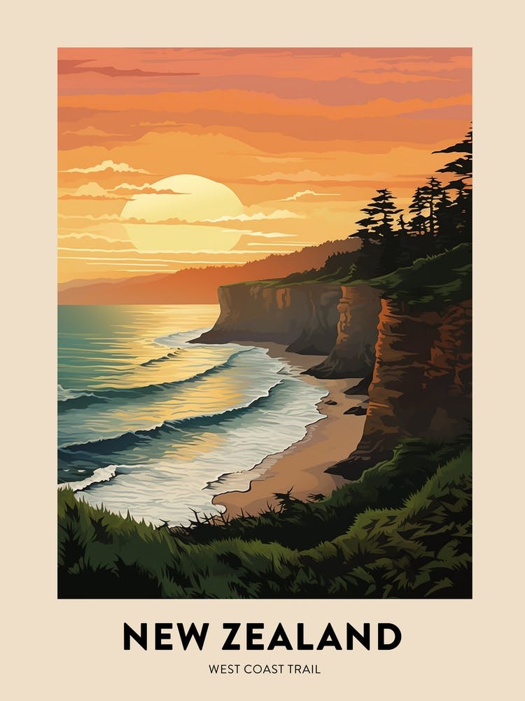 West Coast Trail New Zealand 3 Vintage Hiking Travel Poster