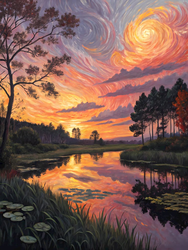 Van Gogh Sunset Lake Swirling Sky & Water Reflections