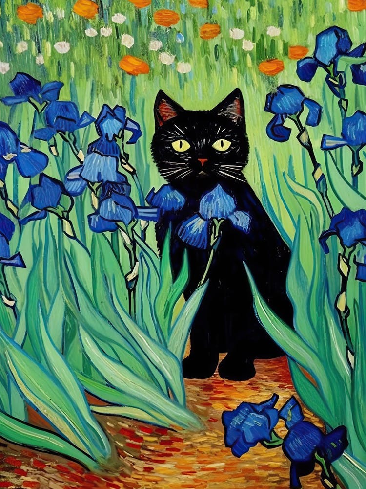 Vang Gogh Irises With Black Cat Painting