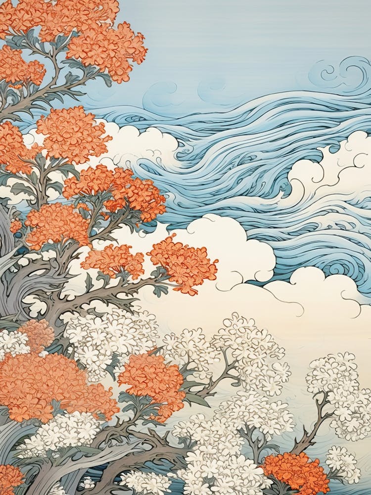 Great Wave With Verbena Flower Drawing In The Style Of Ukiyo E 2