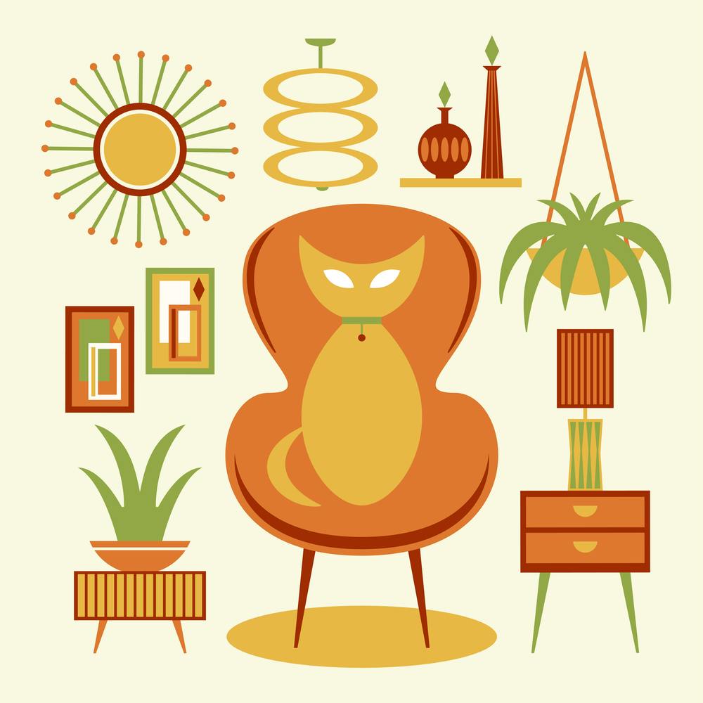Midcentury Cat with Furniture Illustrated