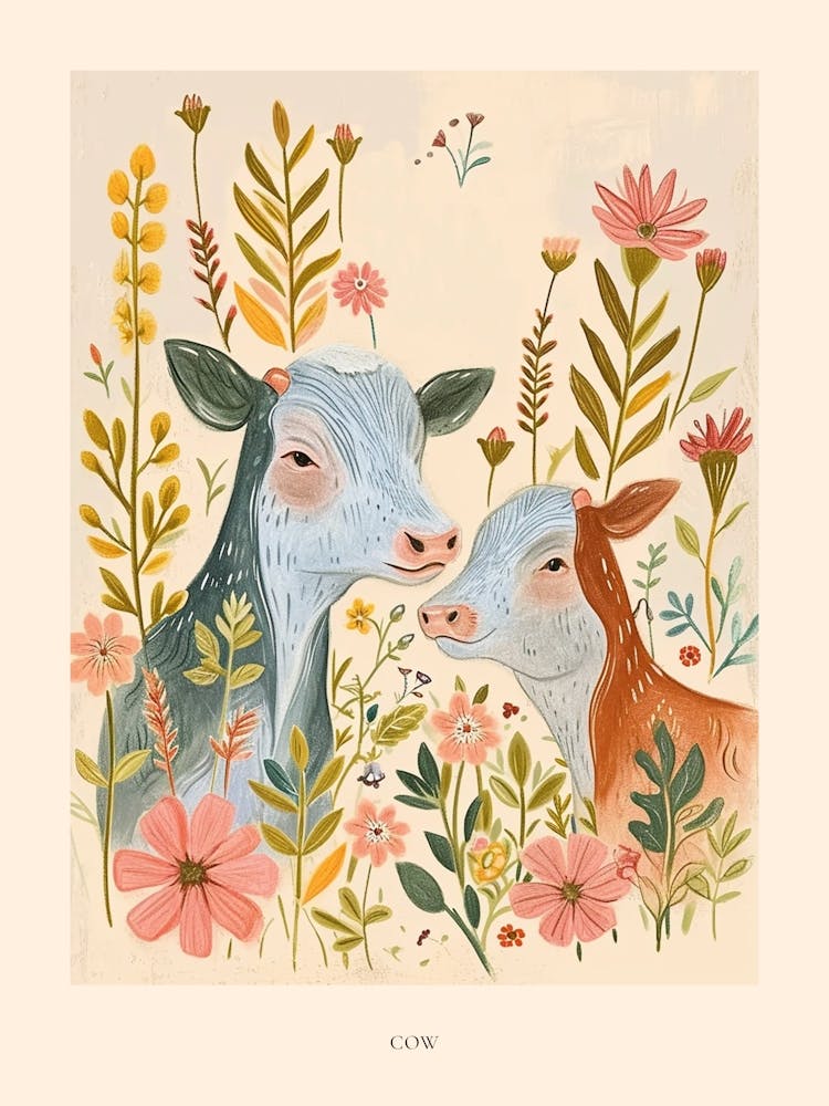 Folksy Floral Animal Drawing Cow 5 Poster