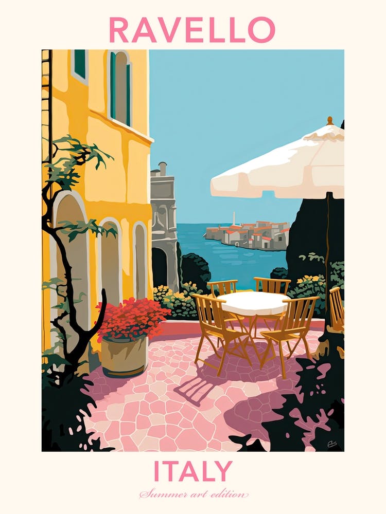 Ravello, Italien, Illustration mit flachen Pastelltönen 1 Poster
