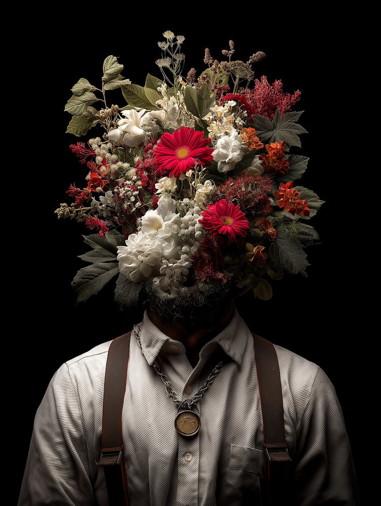 A Man Head Replaced By An Explosion Of Vibrant Flowers And Leafy Plants