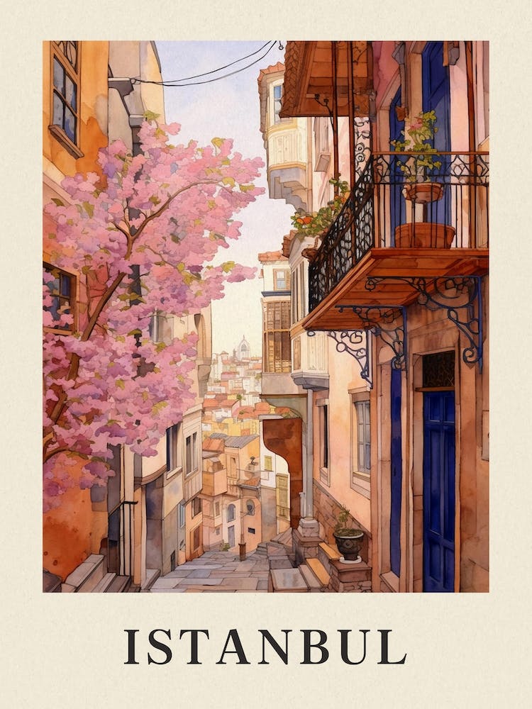 Istanbul Turkey 3 Vintage Pink Travel Illustration Poster