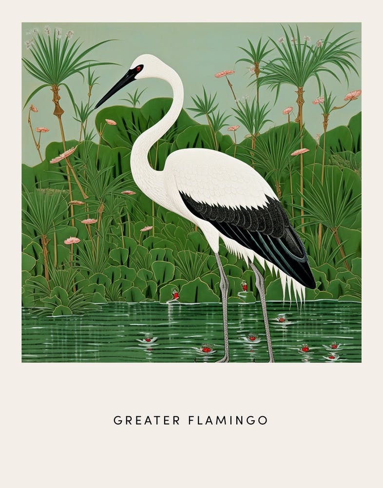 Ohara Koson Inspired Bird Painting Greater Flamingo 2 Poster