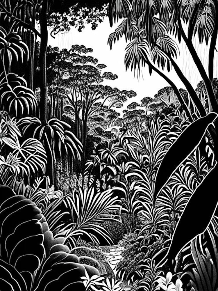 Singapore Botanic Gardens, Singapore Linocut Black And White Vintage