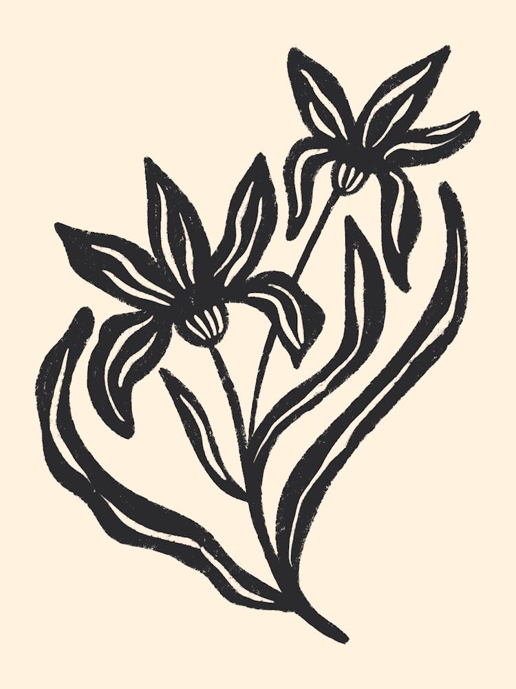 Textured Stylized Flowers Botanical Art Black