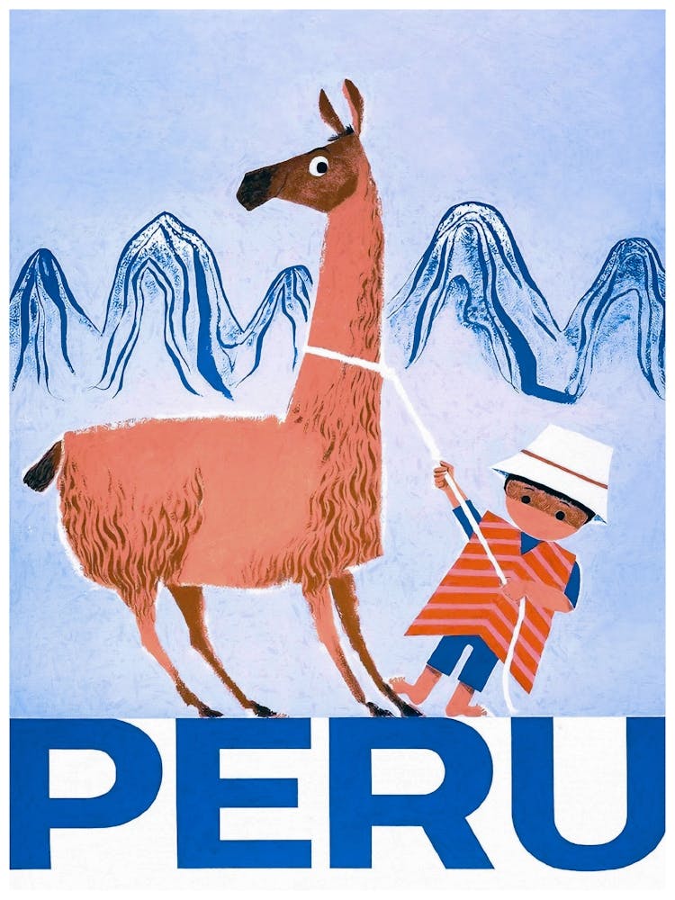 Llama and Boy, Peru Vintage Travel Poster