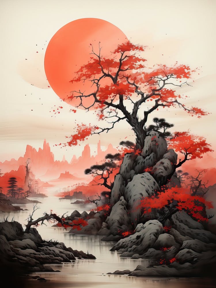 Aso Caldera In Kumamoto, Japanese Brush Painting, Ukiyo E, Minimal 4