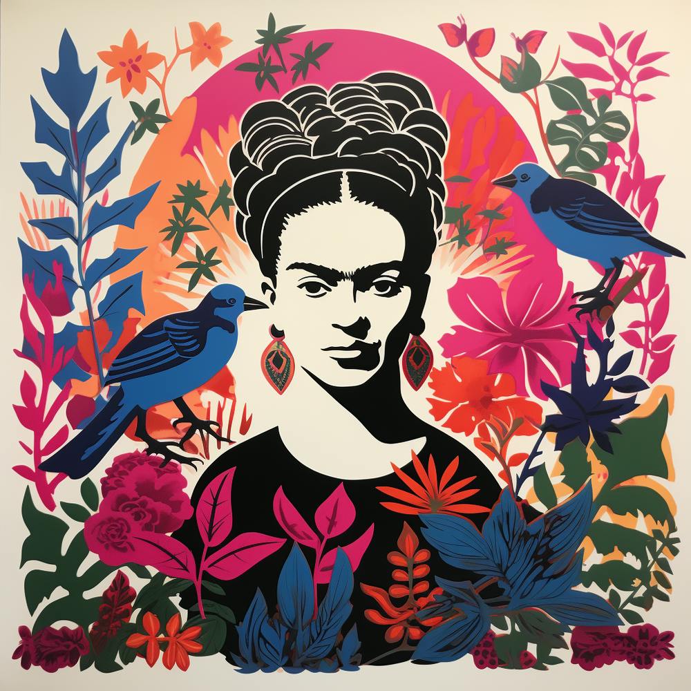 Frida Kahlo und Vögel Linoldruck