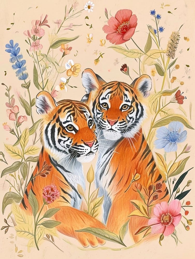 Folksy Floral Animal Drawing Tiger 7