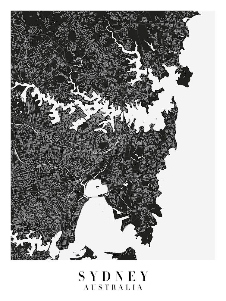 Sydney Australia Minimal Black Mono Street Map 