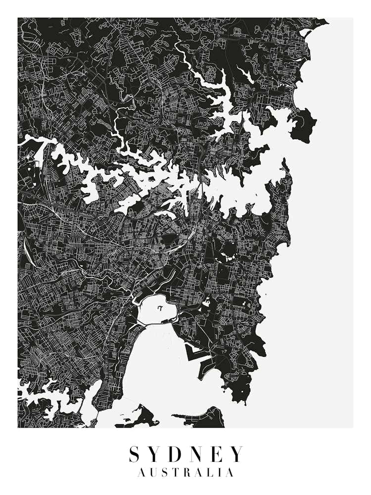 Sydney Australia Minimal Black Mono Street Map