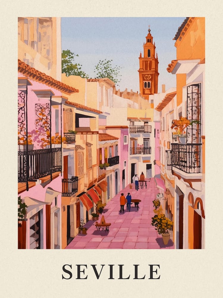 Seville Spain 3 Vintage Pink Travel Illustration Poster