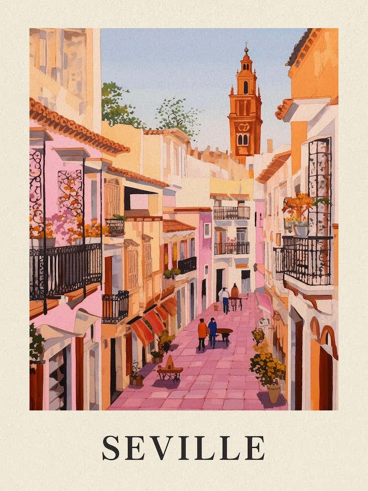 Seville Spain 3 Vintage Pink Travel Illustration Poster