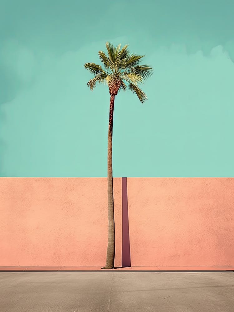 Palm Tree Against Pink Wall And Blue Sky Summer Photography