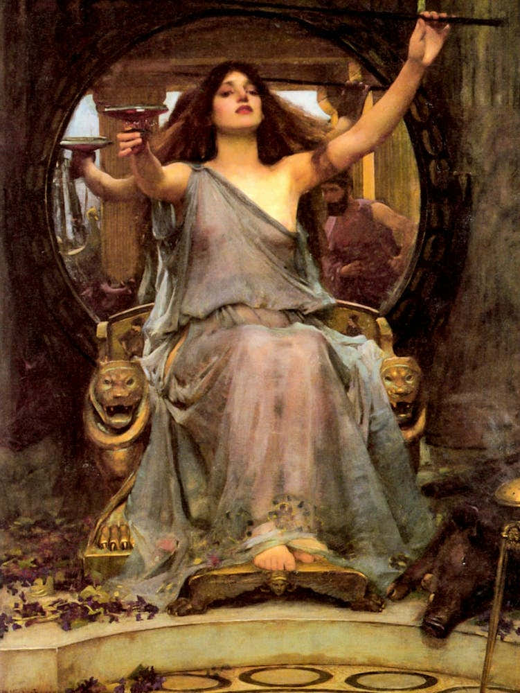 Circe Offering the Cup to Ulysses by John William Waterhouse - Pagan Witchy Goddess Remastered Dreamy Oil Painting Waterhouse's Woman on Throne with Mirror in the Background Famous Pre-Raphaelite Mythological Legend