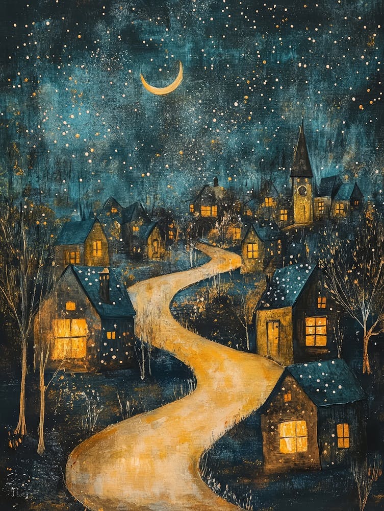 Village At Night With Stars and Moon In The Sky 6