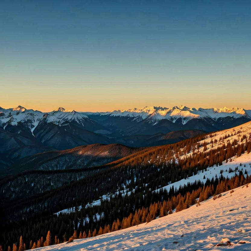 Sunrise Over Snowy Mountains, in the beginning of winter