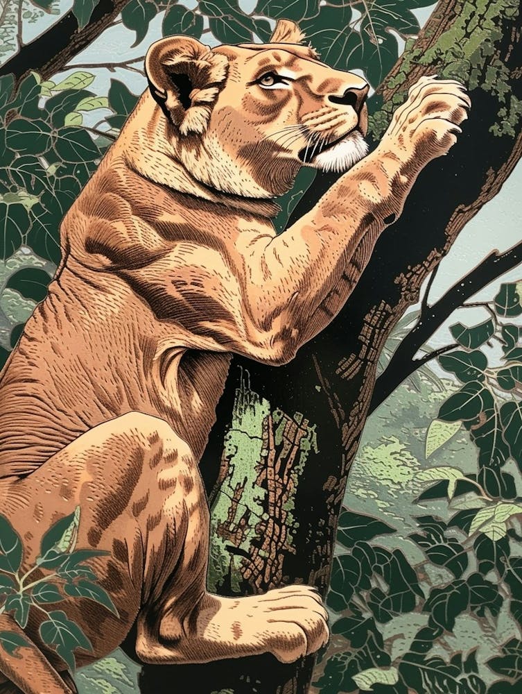 Barbary Lion Relief Illustration Climbing A Tree 4